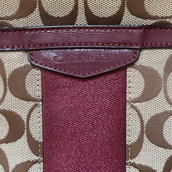 Coach Signature Stripe Khaki Brown Canvas Tote Bag Burgundy Leather Trim F28504 - Picture 10 of 11